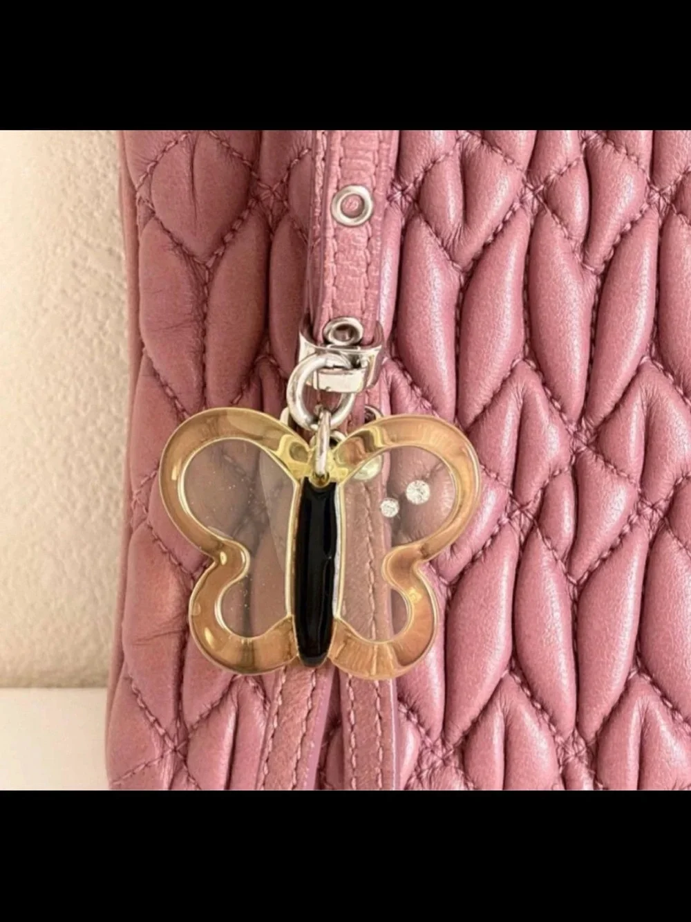Miu Miu Dusty Pink Quilted Leather Wristlet with Butterfly Charm